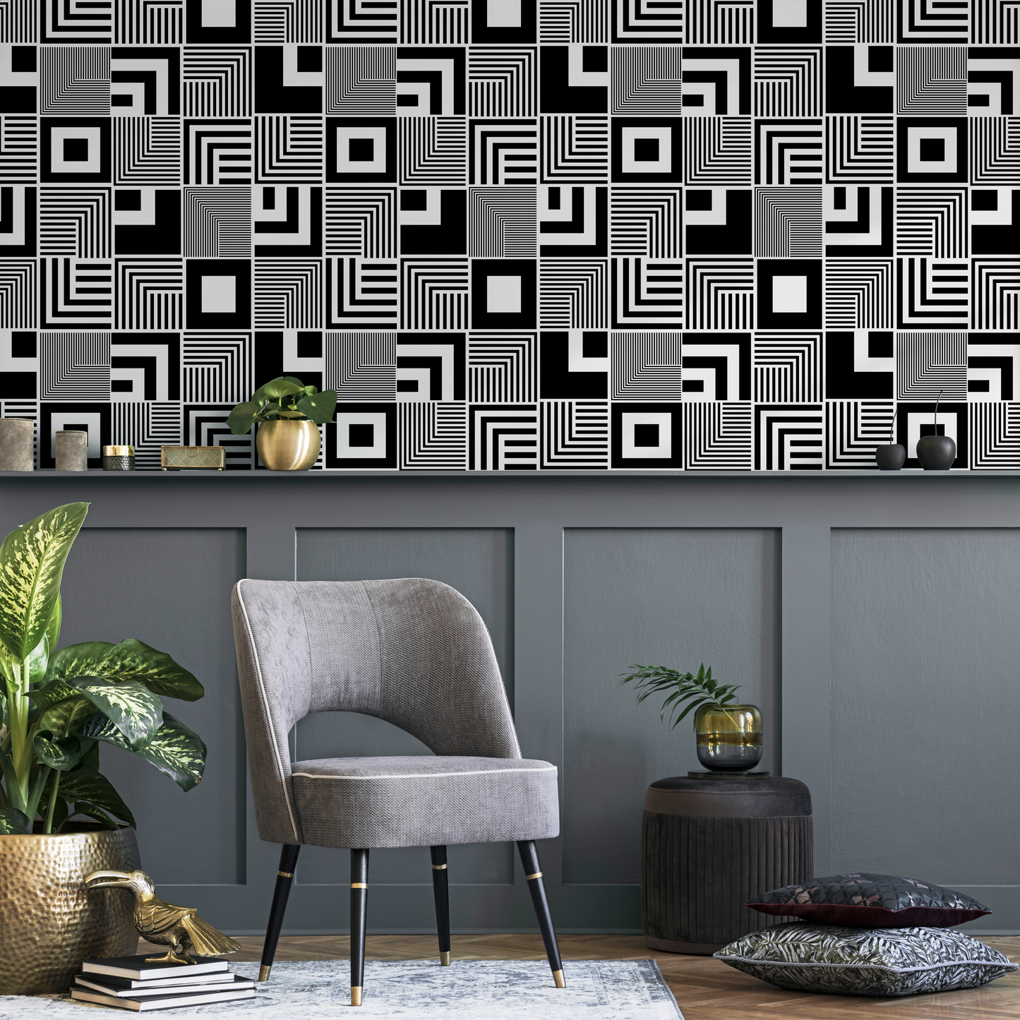 Wall Decor Wallpaper Peel and Stick Wallpaper Removable Wallpaper Home Decor Wall Art Room Decor / Black and White Squares Wallpaper - B789