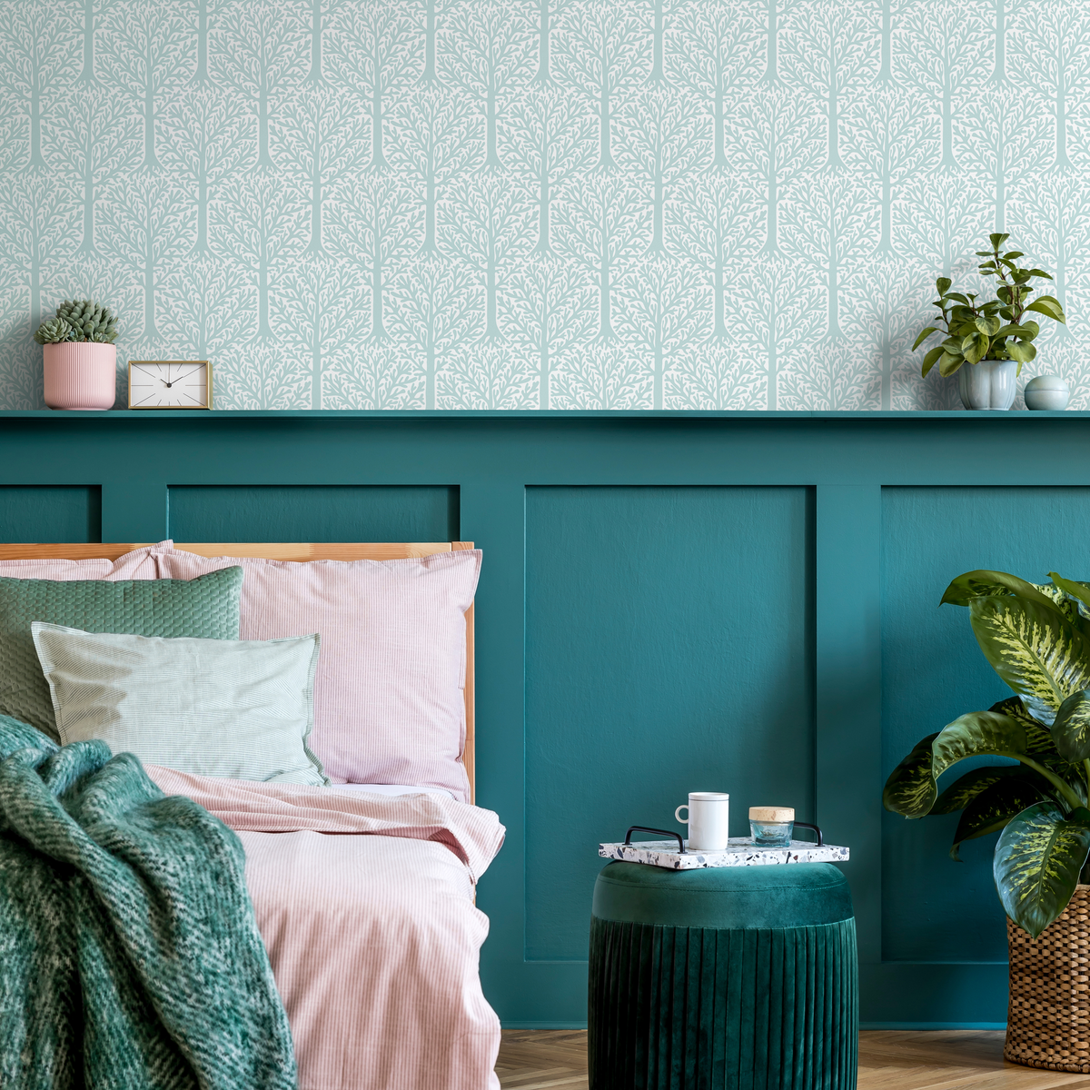 Woodland Wallpaper in Light Aqua and White - detail view