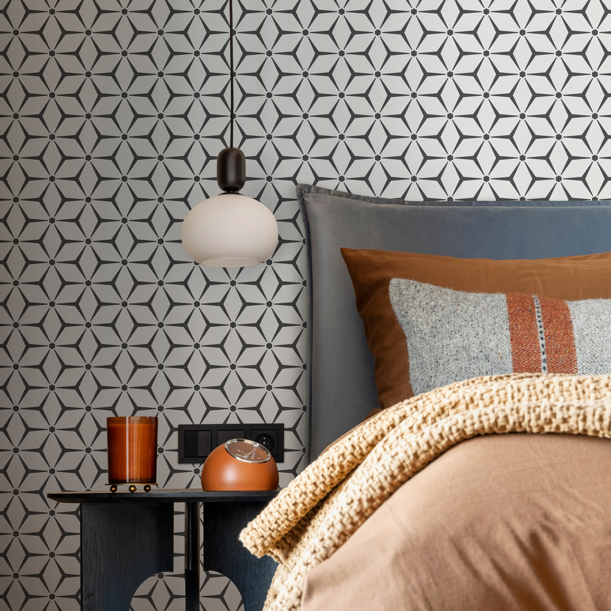 Geometric Wallpaper with a Starburst Tile Motif in Black and White - detail view