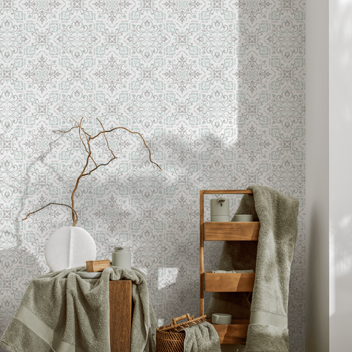 Tile Wallpaper with an Ornate Damask Motif in Sage Green and Gray - detail view