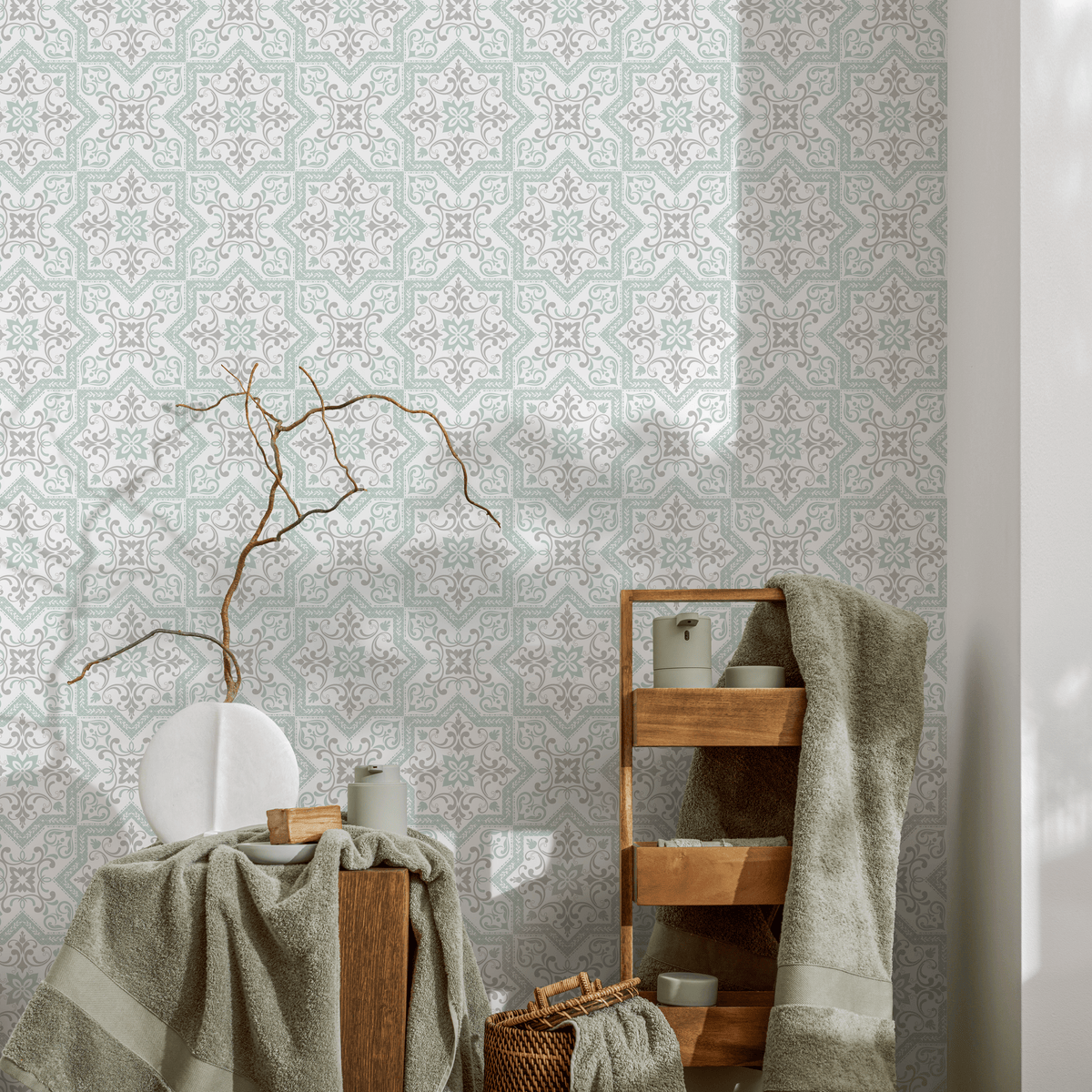 Tile Wallpaper with Ornate Star Motifs in Green and Gray - detail view