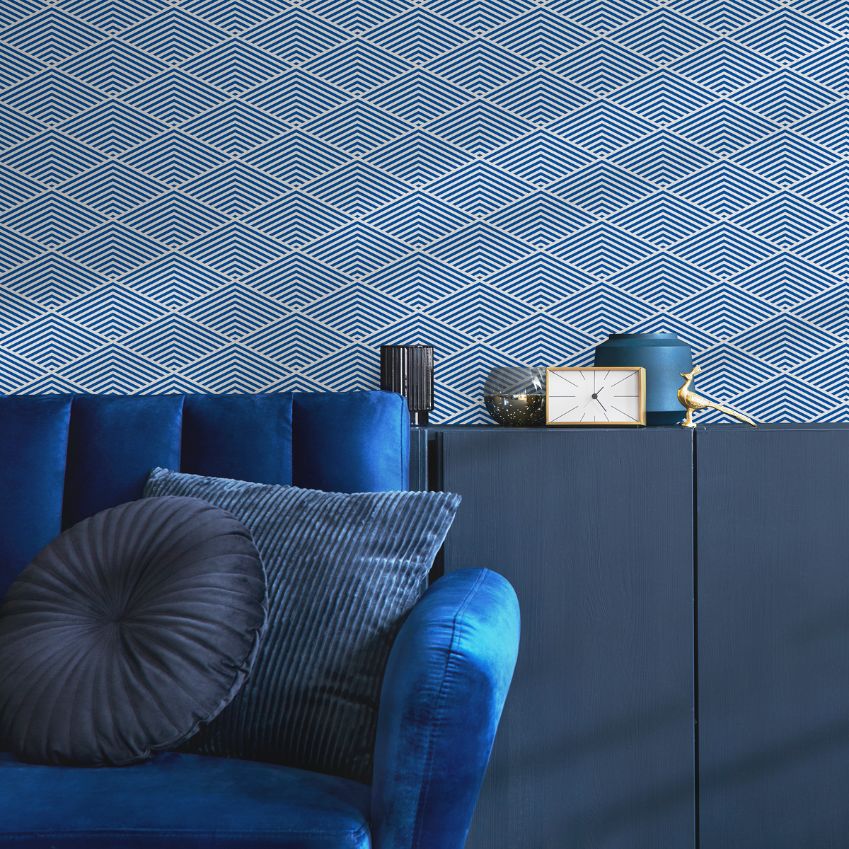 Geometric Wallpaper with a Layered Chevron Motif in Blue and White - detail view