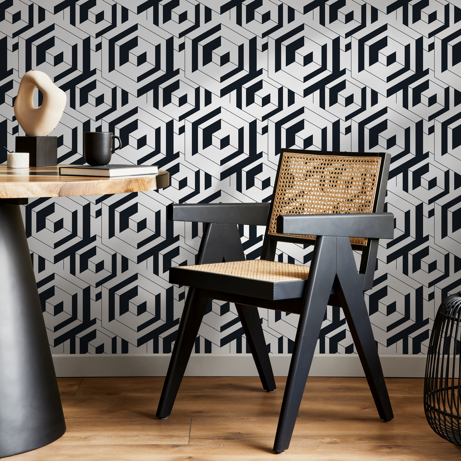 Geometric Wallpaper with a Bold Labyrinth Motif in Black and White - B798