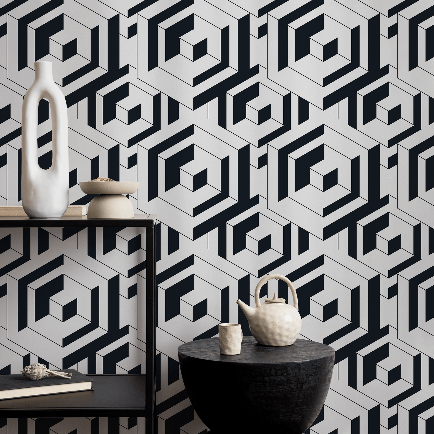 Geometric Wallpaper with a Bold Labyrinth Motif in Black and White - B798