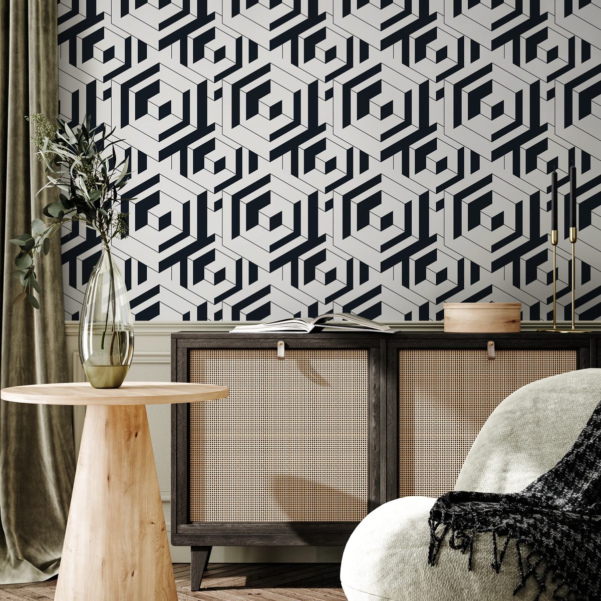 Geometric Wallpaper with a Bold Labyrinth Motif in Black and White - detail view
