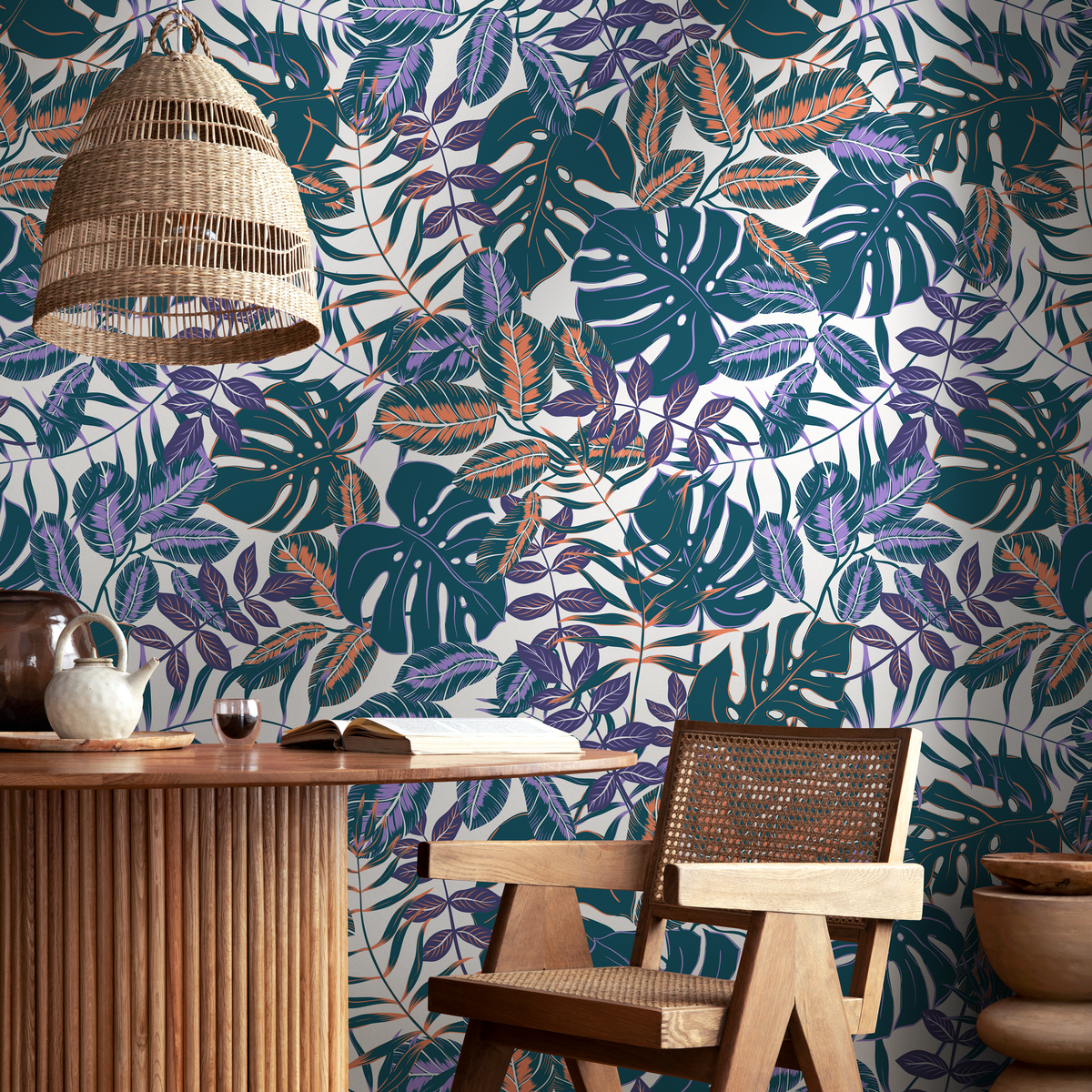 Tropical Wallpaper with Monstera Leaves in Teal, Purple, and Orange - detail view