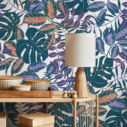 Wallpaper Peel and Stick Wallpaper Removable Wallpaper Home Decor Wall Decor Room Decor / Purple Blue Jungle Monstera Leaf Wallpaper - B800