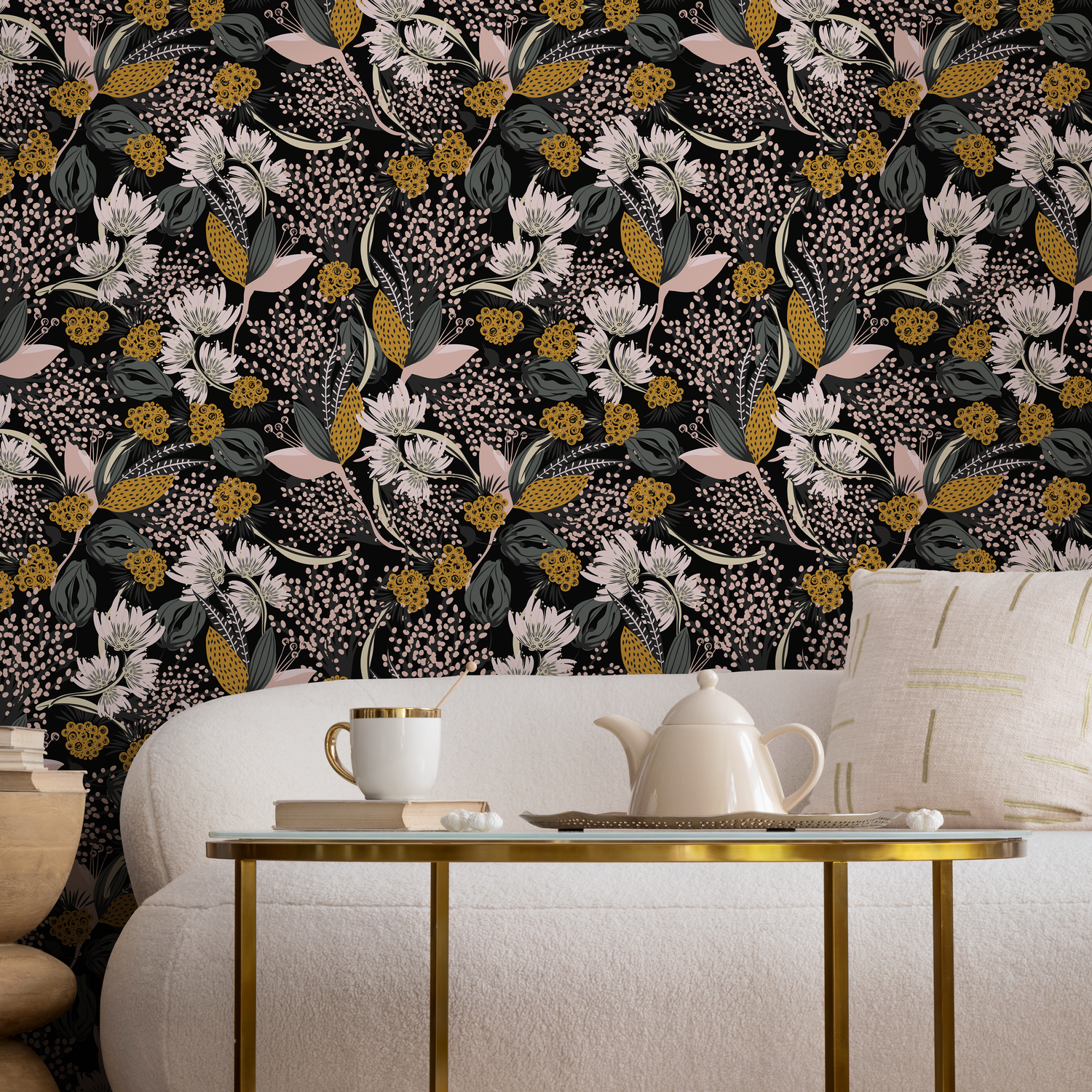 Botanical Wallpaper with Stylized Wildflowers in Yellow, Green, and Pink - B807
