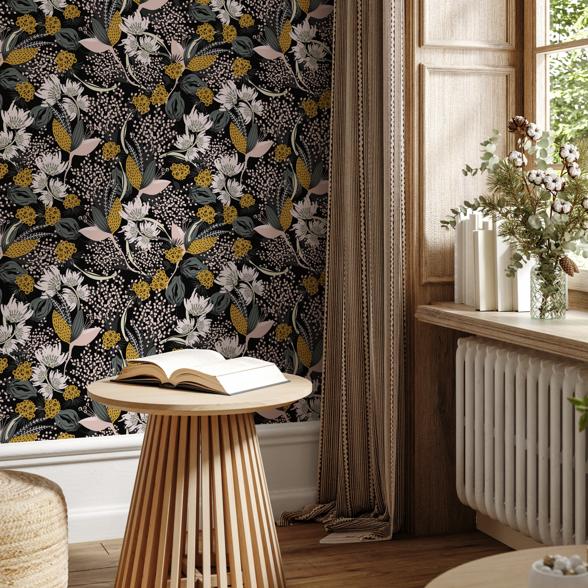 Botanical Wallpaper with Stylized Wildflowers in Yellow, Green, and Pink - detail view