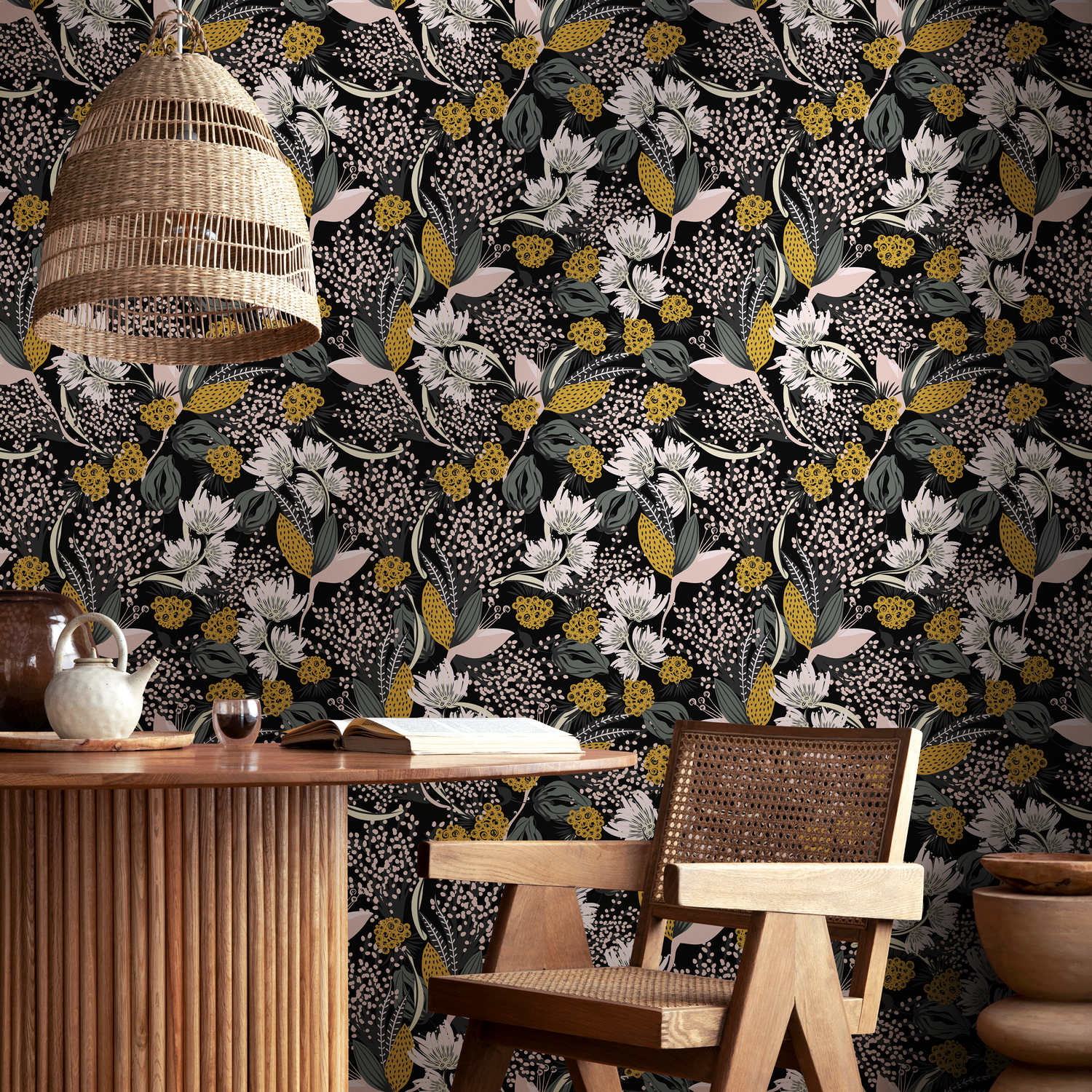 Botanical Wallpaper with Stylized Wildflowers in Yellow, Green, and Pink - B807