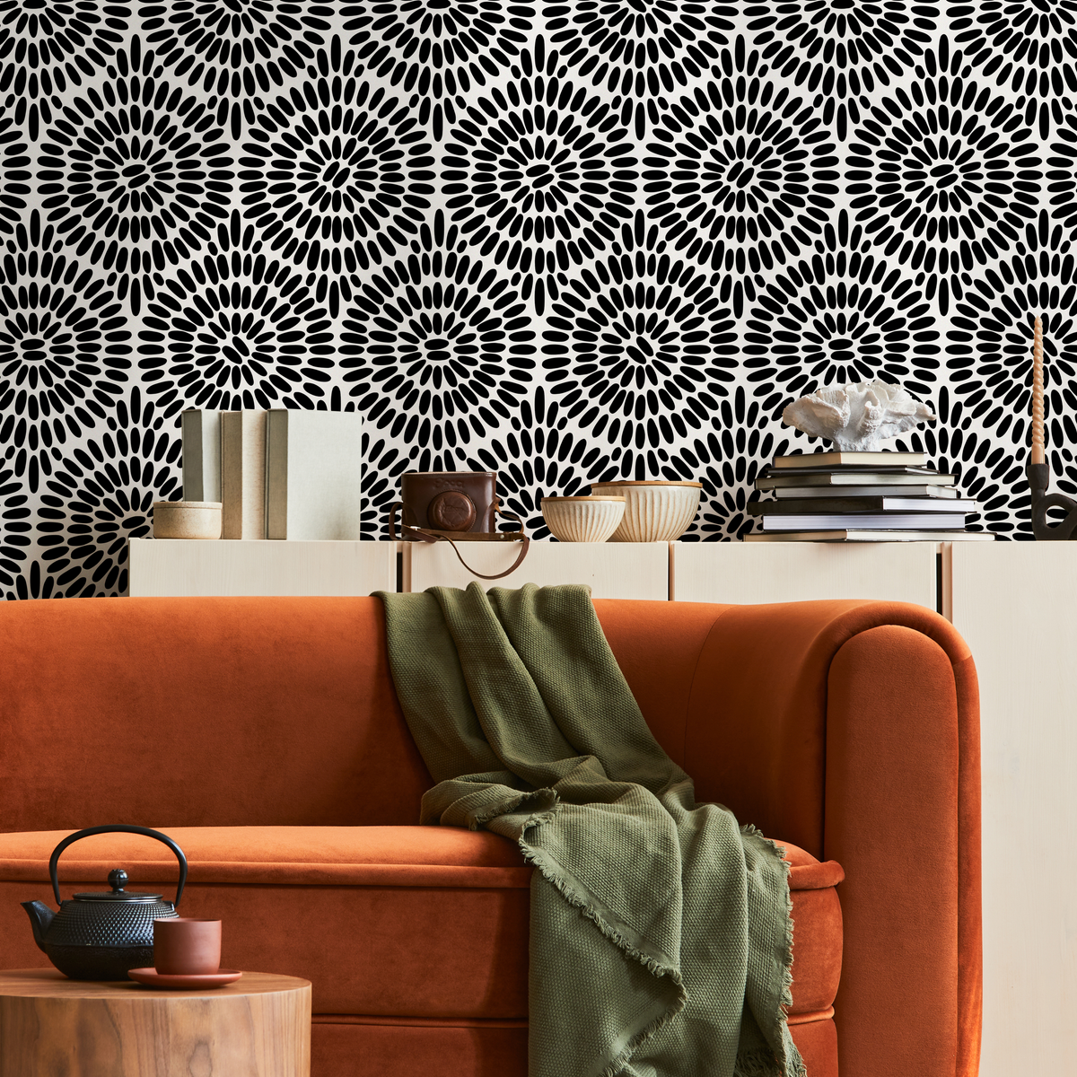 Abstract Wallpaper with a Radiating Oval Motif in Black and White - detail view