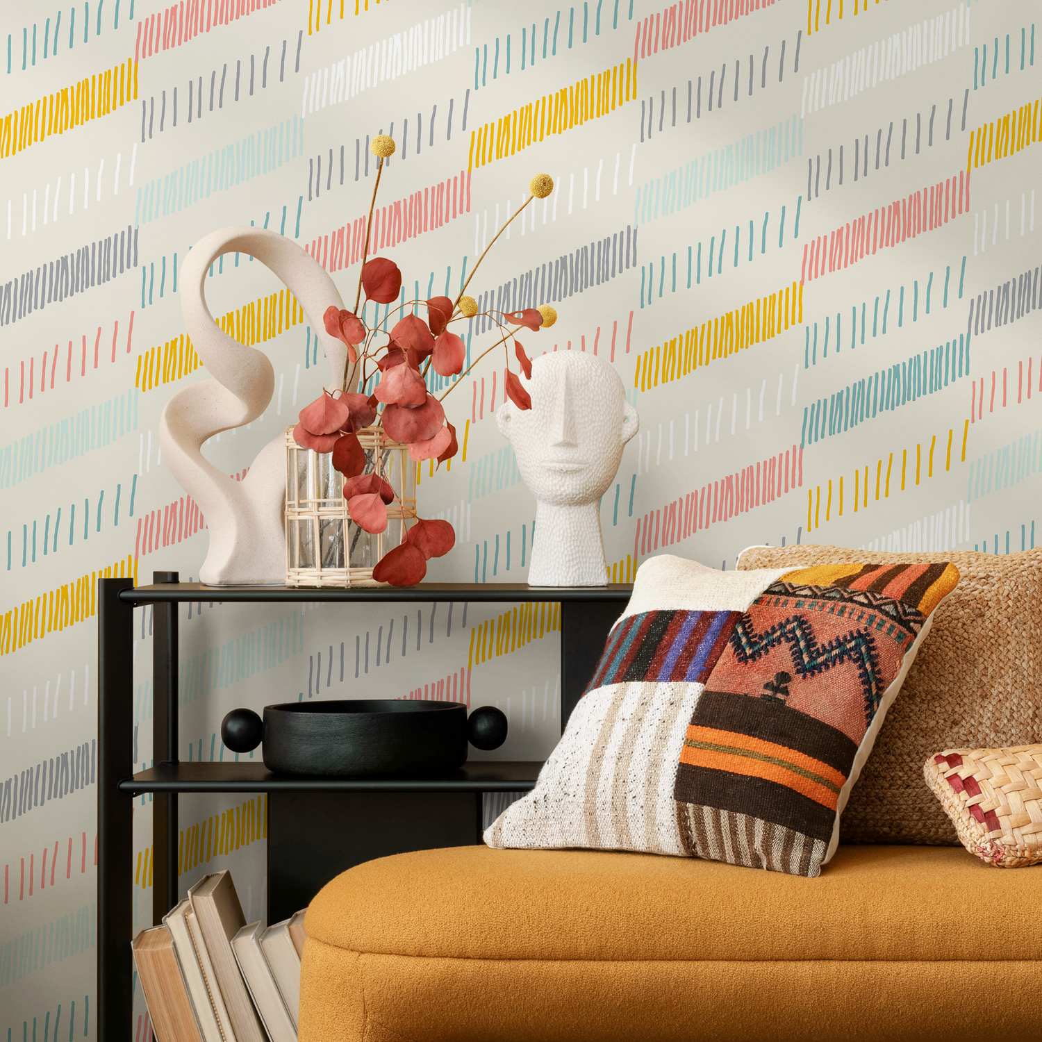 Abstract Wallpaper with Dashed Diagonal Lines in Yellow, Pink, and Blue - B812