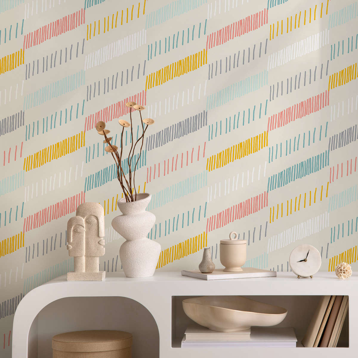 Abstract Wallpaper with Dashed Diagonal Lines in Yellow, Pink, and Teal - detail view