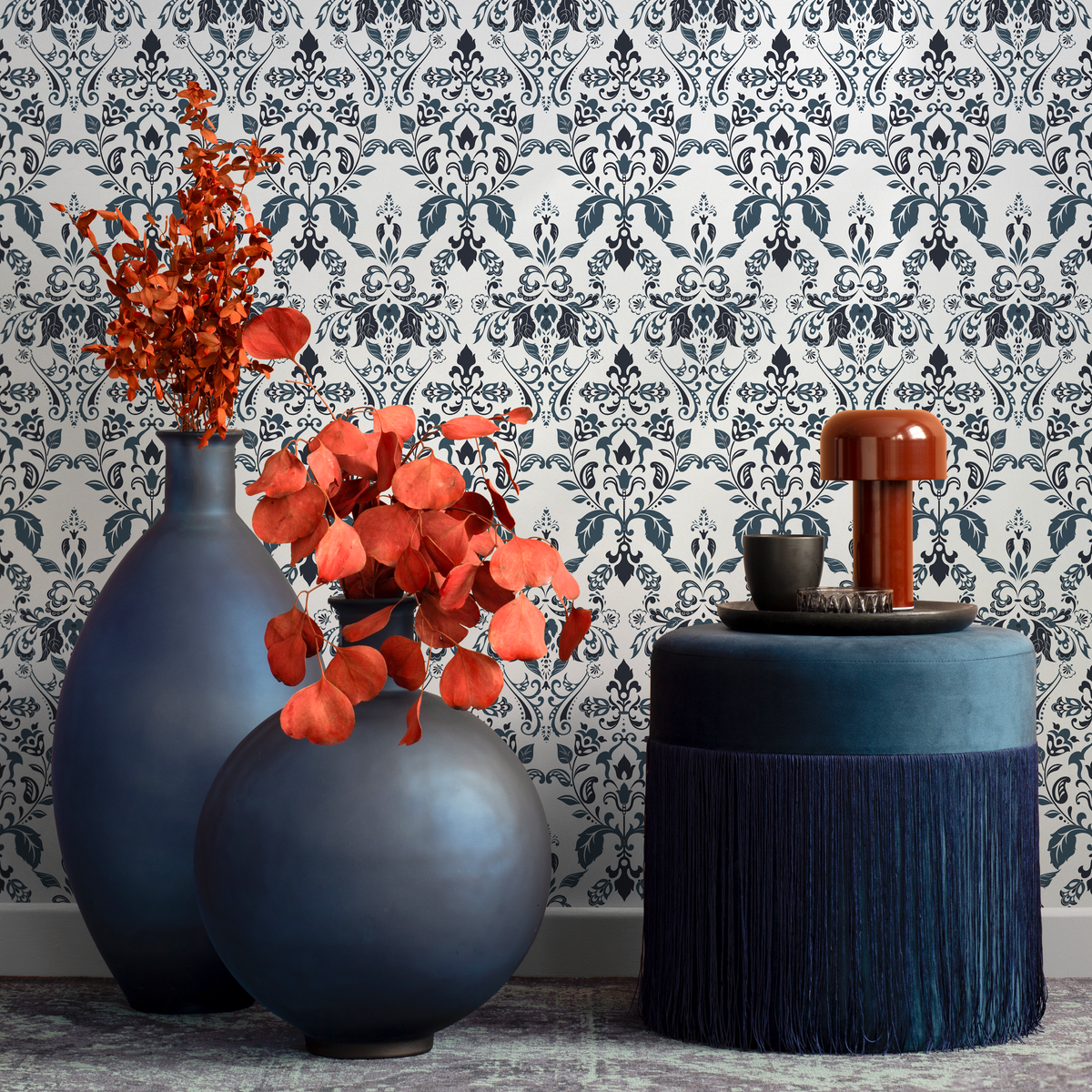 Damask Wallpaper with an Intricate Floral Motif in Navy Blue and Blue - detail view