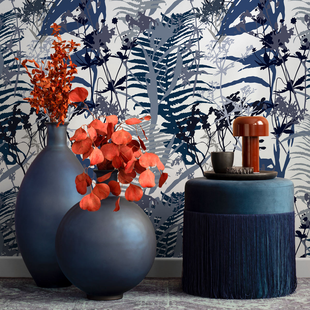 Botanical Wallpaper with Fern Silhouettes in Blue and White - detail view