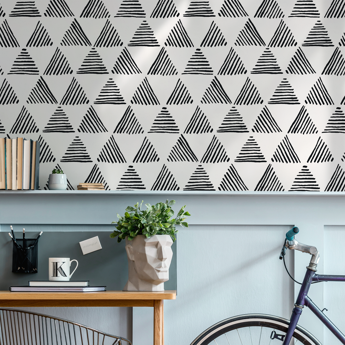 Geometric Wallpaper with Hand-Drawn Triangles in Black and White - detail view