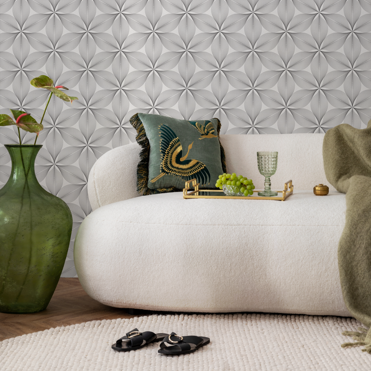 Geometric Wallpaper with a Linear Floral Motif in Black and White - detail view