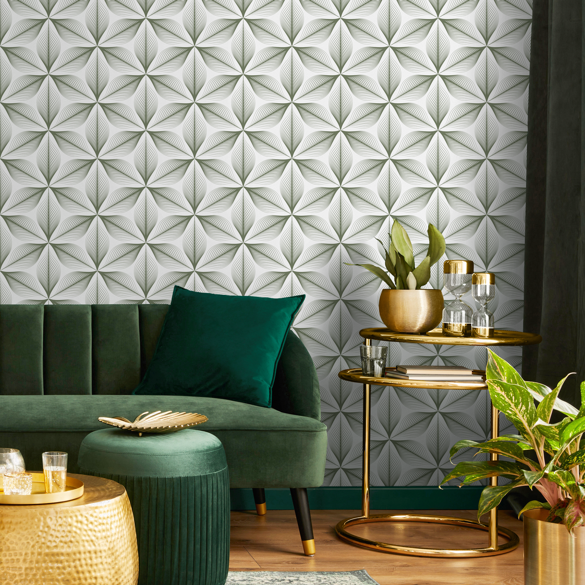 Geometric Wallpaper with a Linear Floral Motif in Green - detail view
