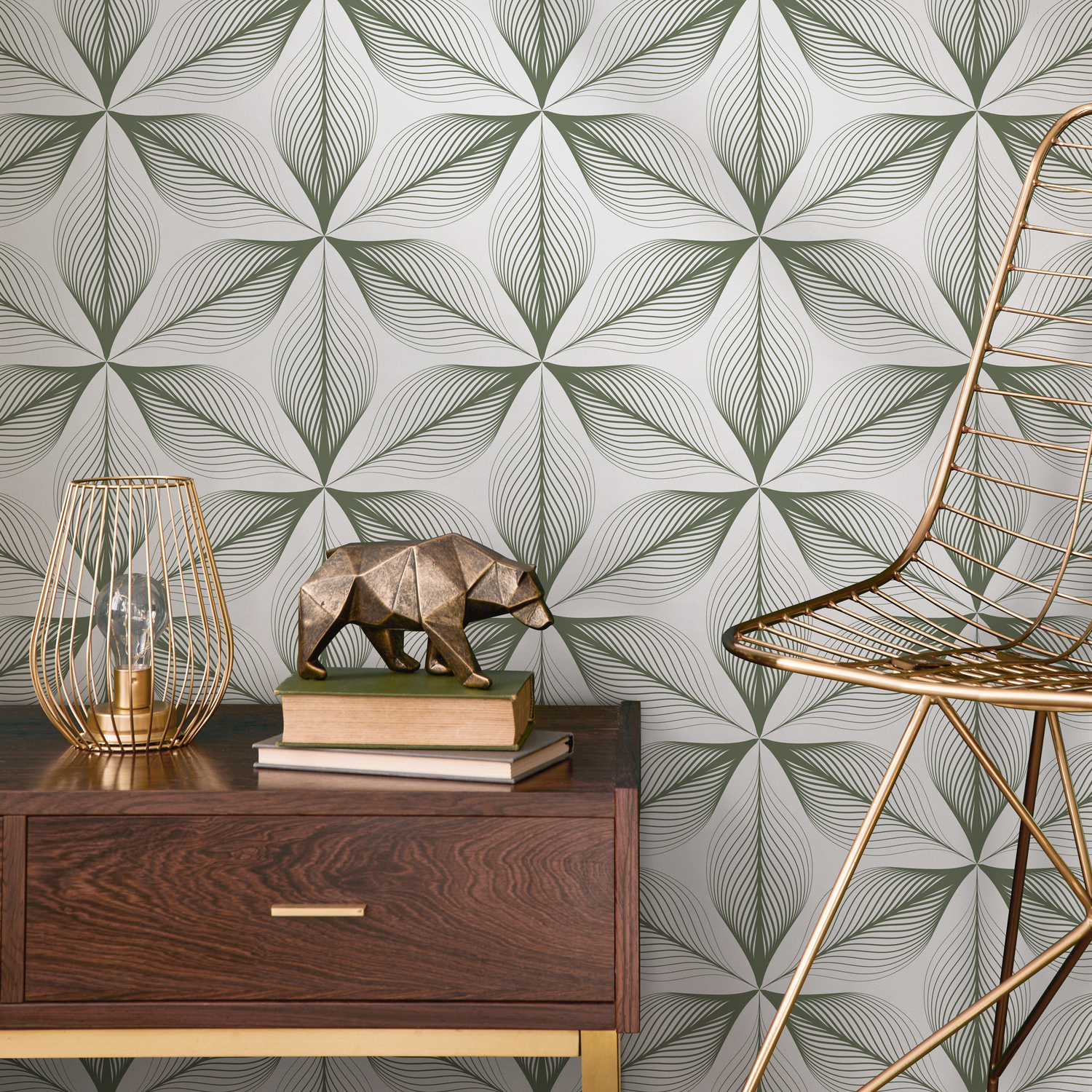 Geometric Wallpaper with a Linear Floral Motif in Green - B819