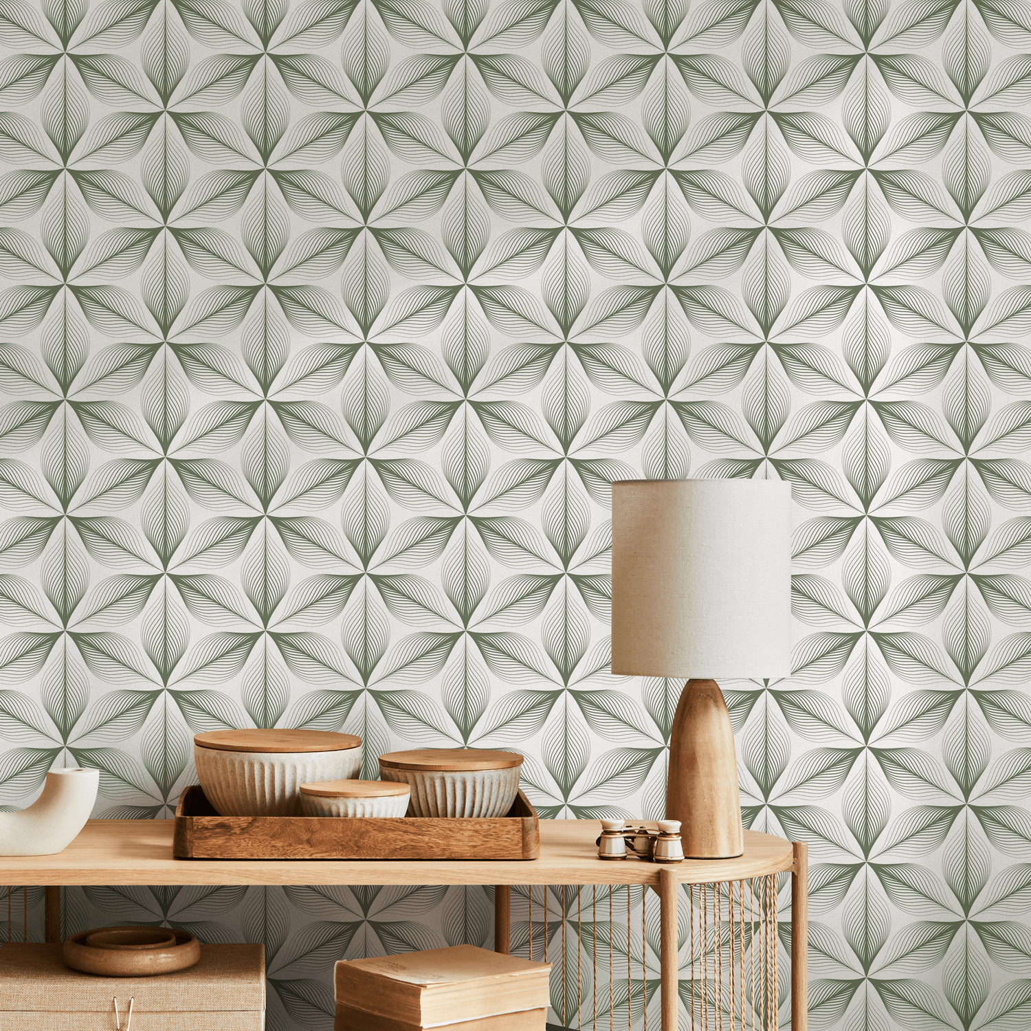 Geometric Wallpaper with a Linear Floral Motif in Green - B819