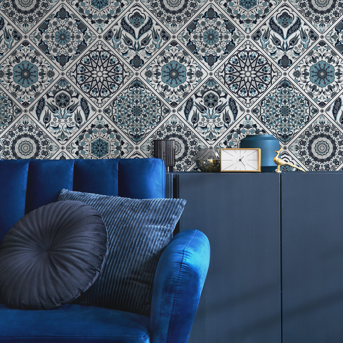 Tile Wallpaper with Intricate Mandala Motifs in Blue and Gray - detail view
