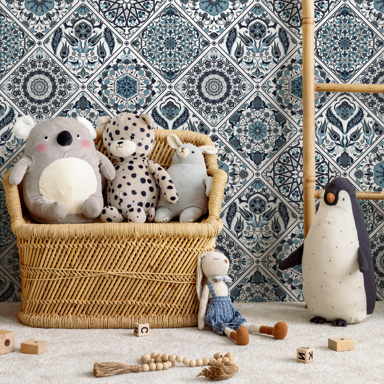 Tile Wallpaper with Intricate Mandala Motifs in Blue and Gray - B822
