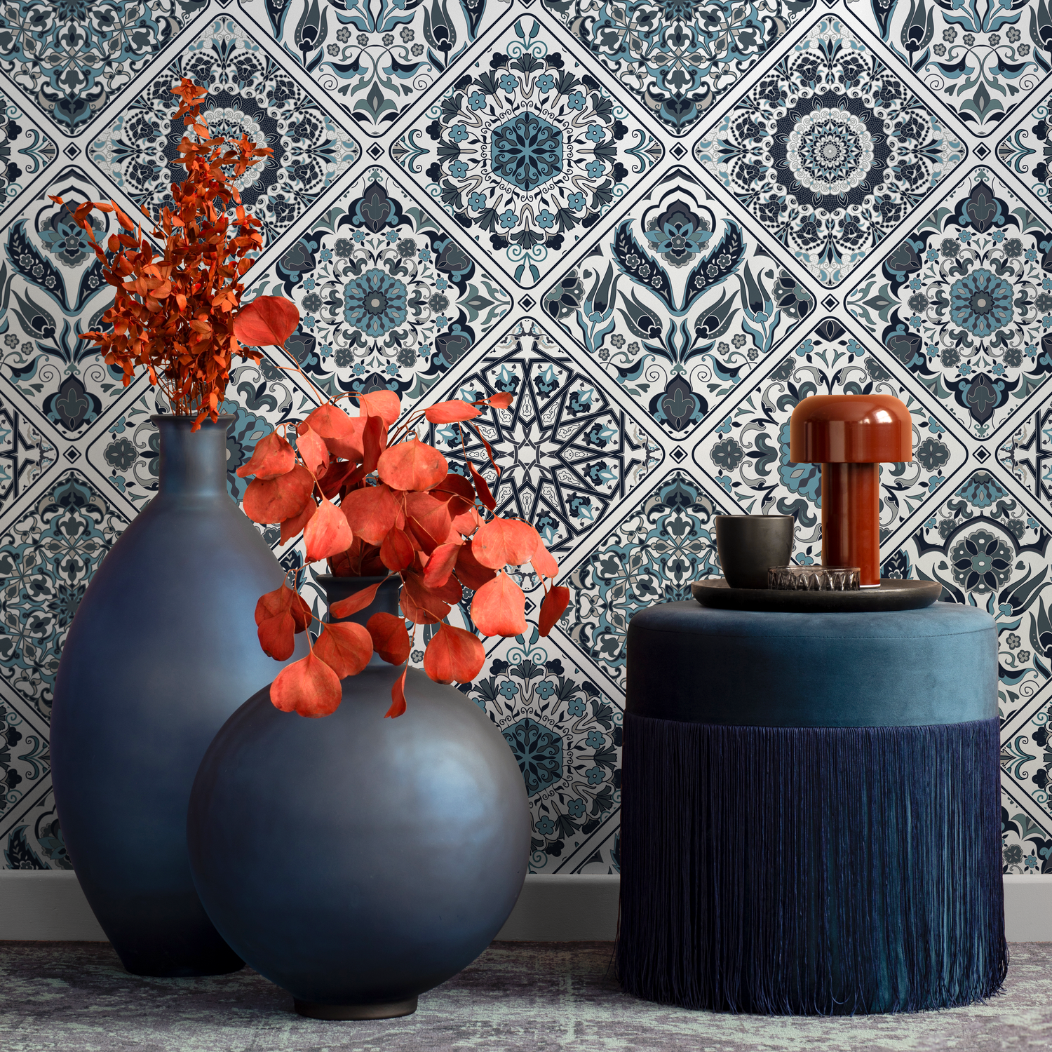 Tile Wallpaper with Intricate Mandala Motifs in Blue and Gray - B822