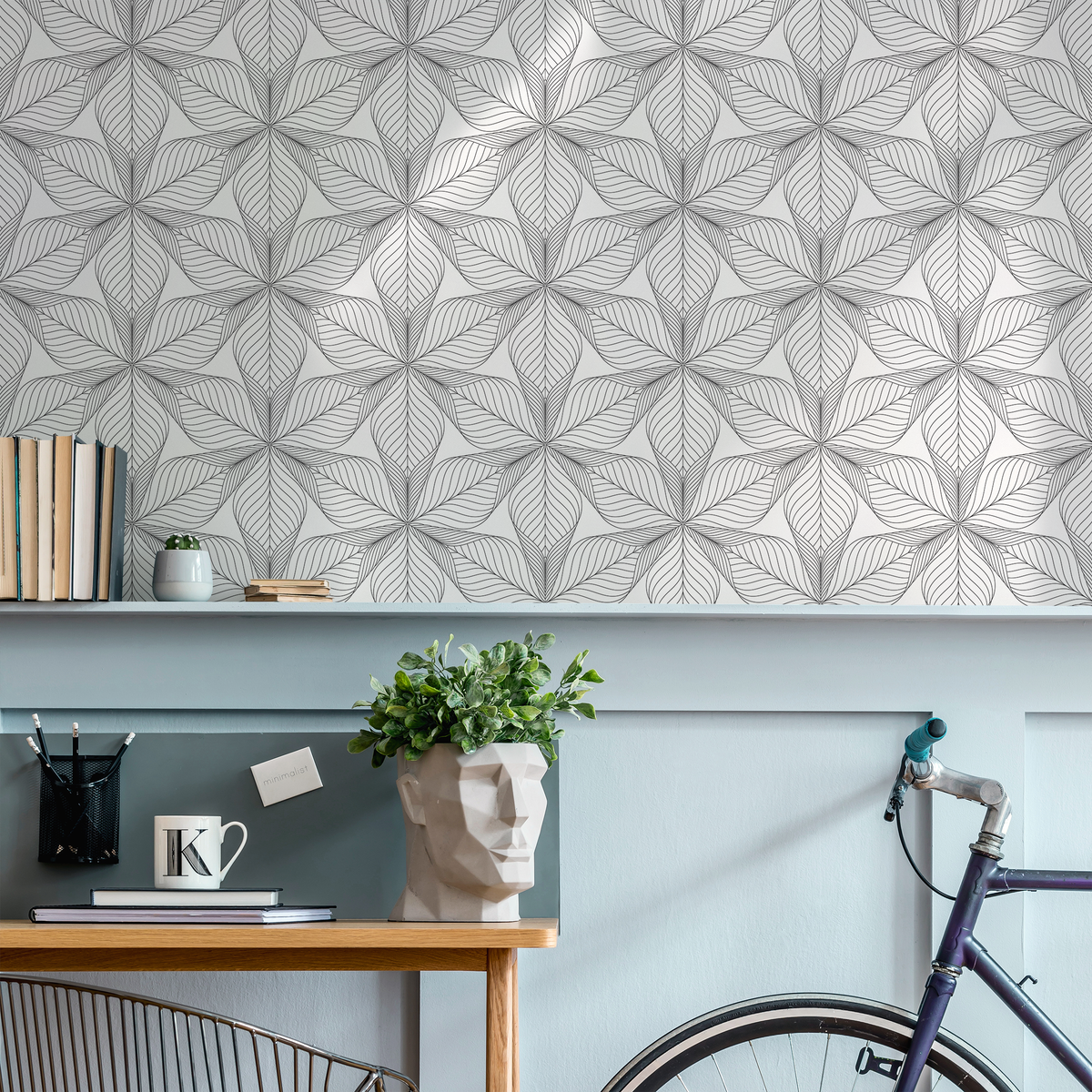 Geometric Wallpaper with an Intricate Line Art Floral Motif in Black and White - detail view