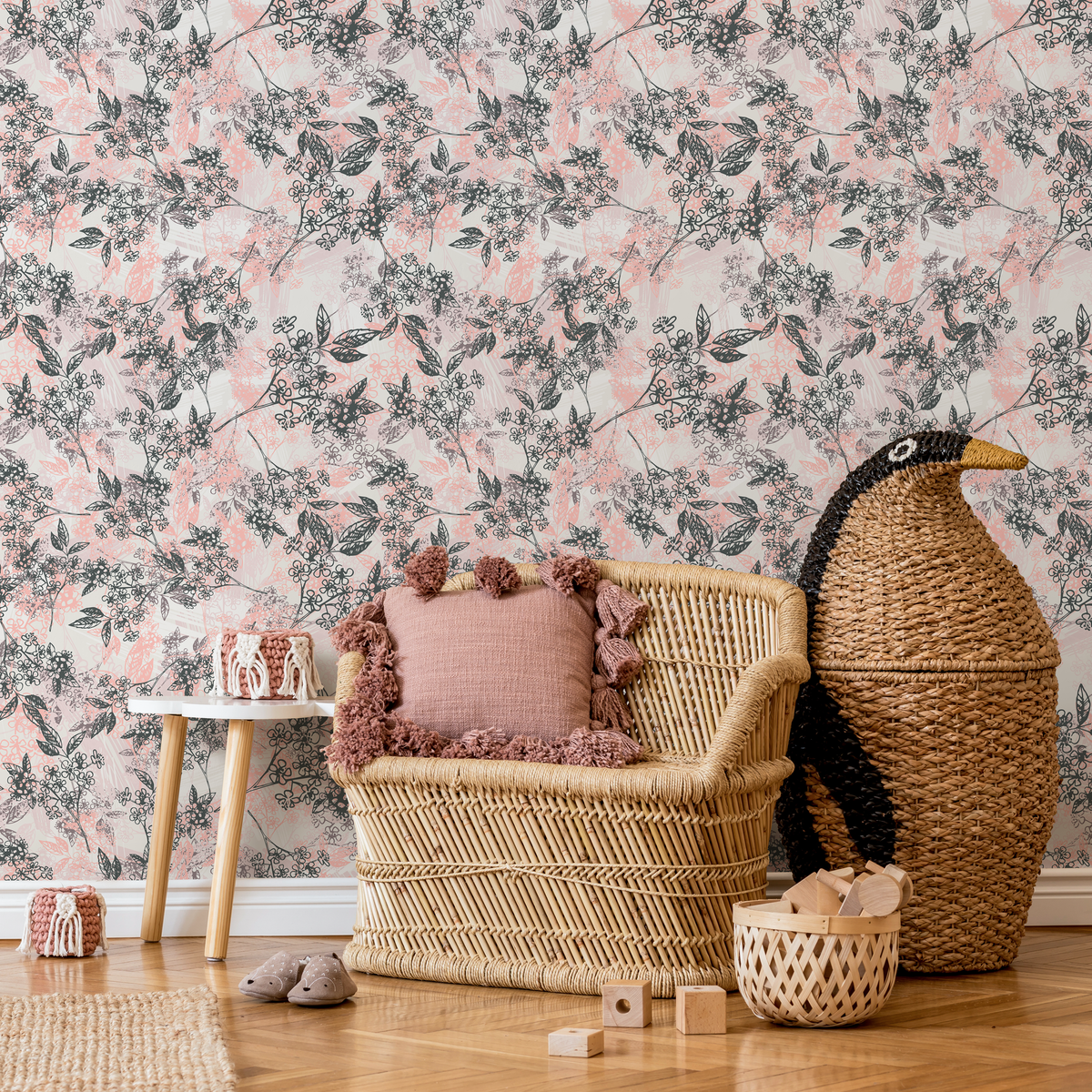 Floral Wallpaper with Sketchy Blossoming Branches in Pink and Gray - detail view