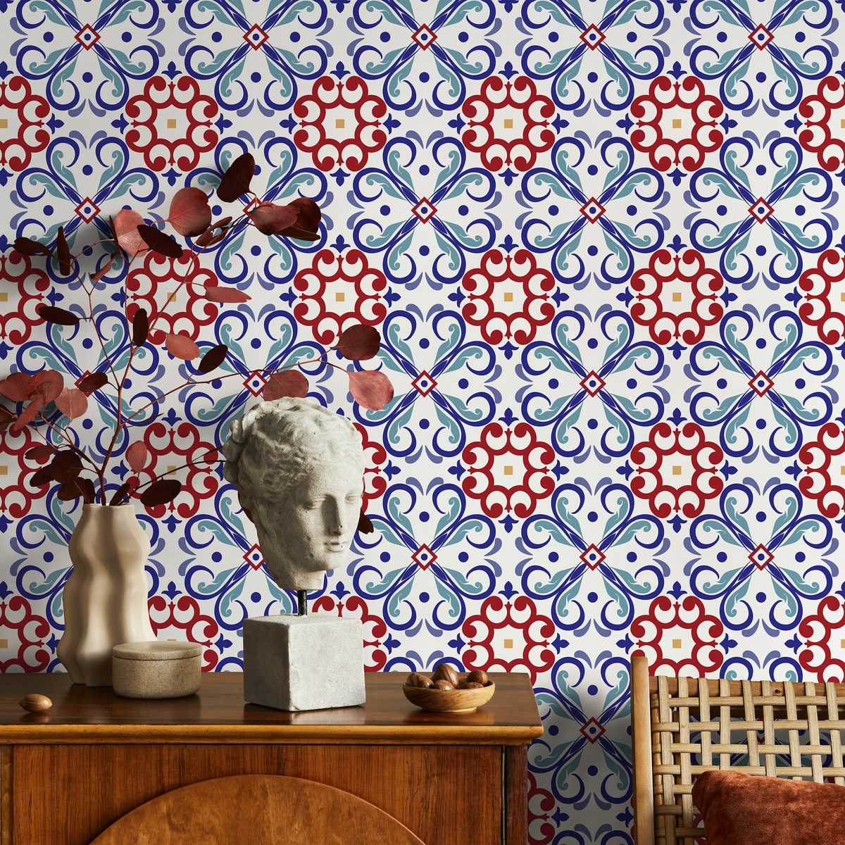 Tile Wallpaper with a Mediterranean Inspired Motif in Red, Blue, and Yellow - detail view
