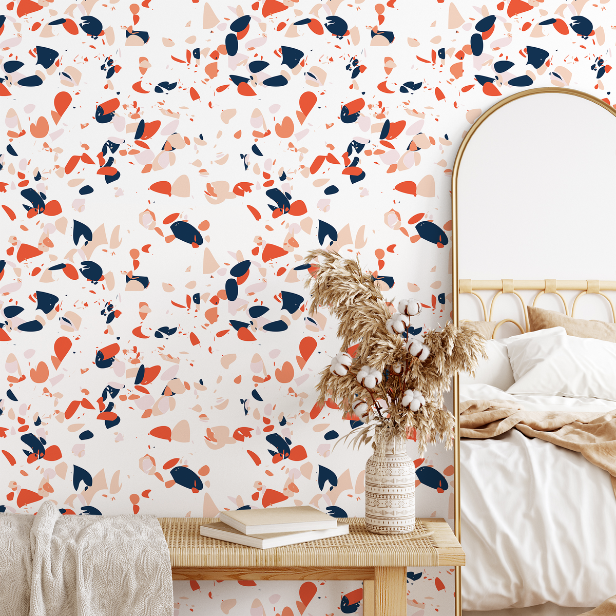 Terrazzo Wallpaper with Abstract Chips in Orange, Blue, and Pink - detail view
