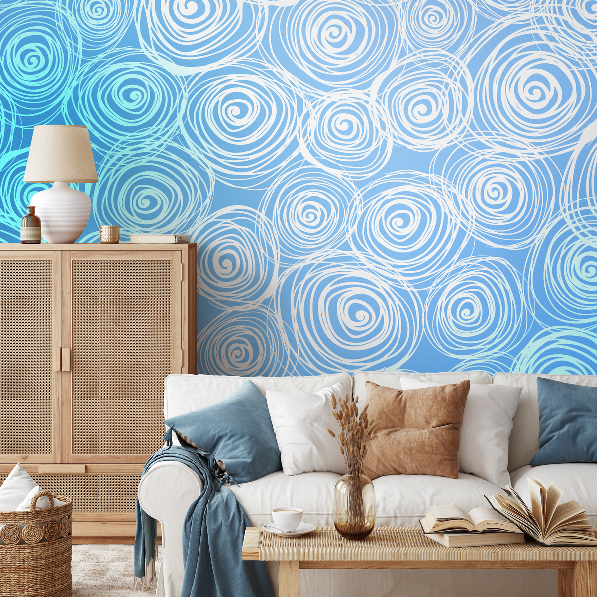 Abstract Wallpaper with Hand-Drawn Swirls in Blue and White - detail view