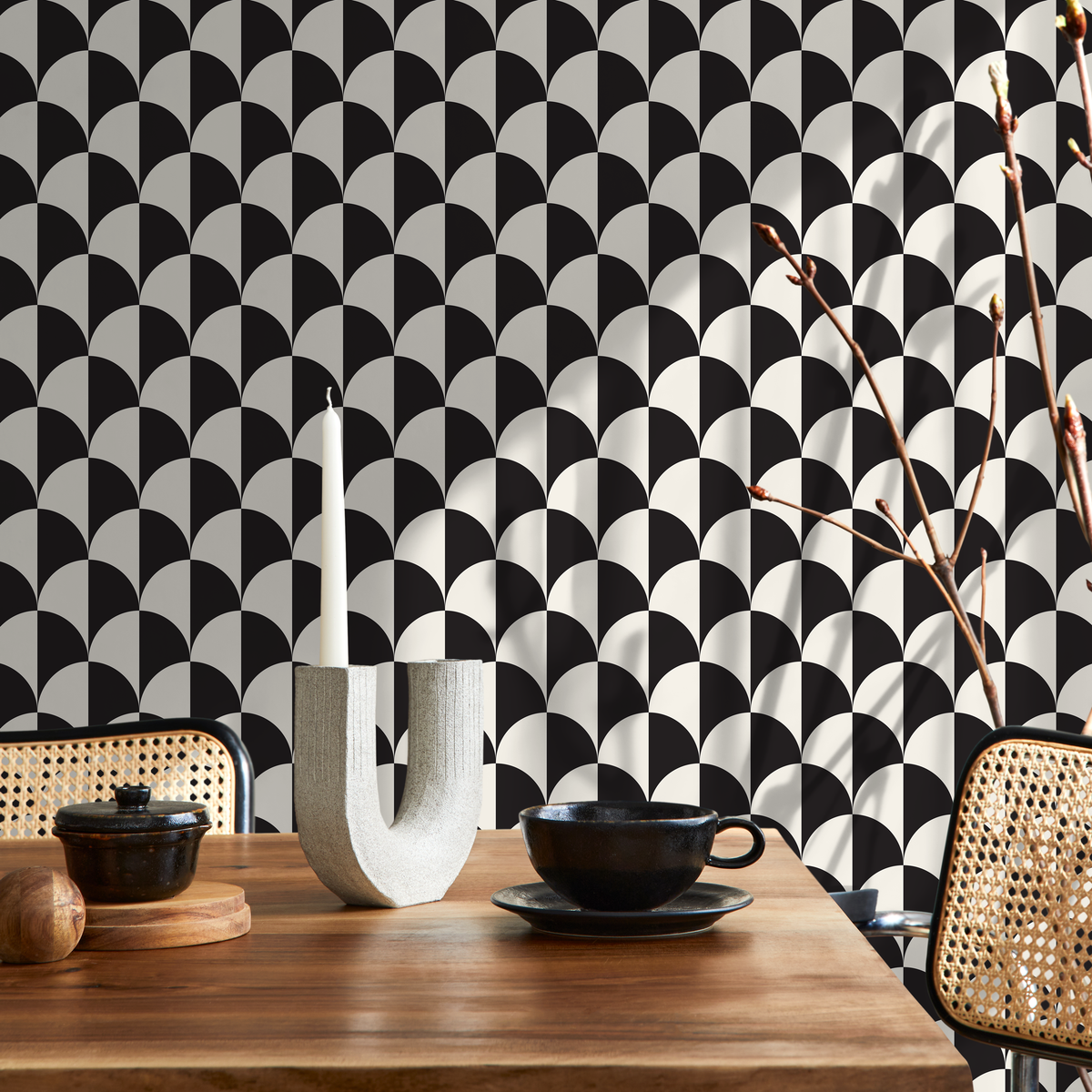 Geometric Wallpaper with a Repeating Half-Moon Motif in Black and Cream - detail view