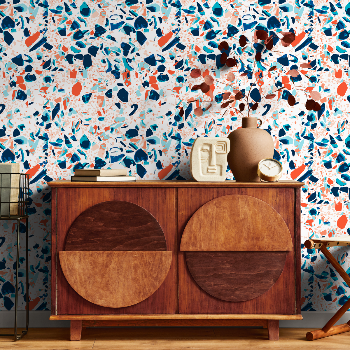 Terrazzo Wallpaper with Colorful Fragments in Blue and Orange - detail view