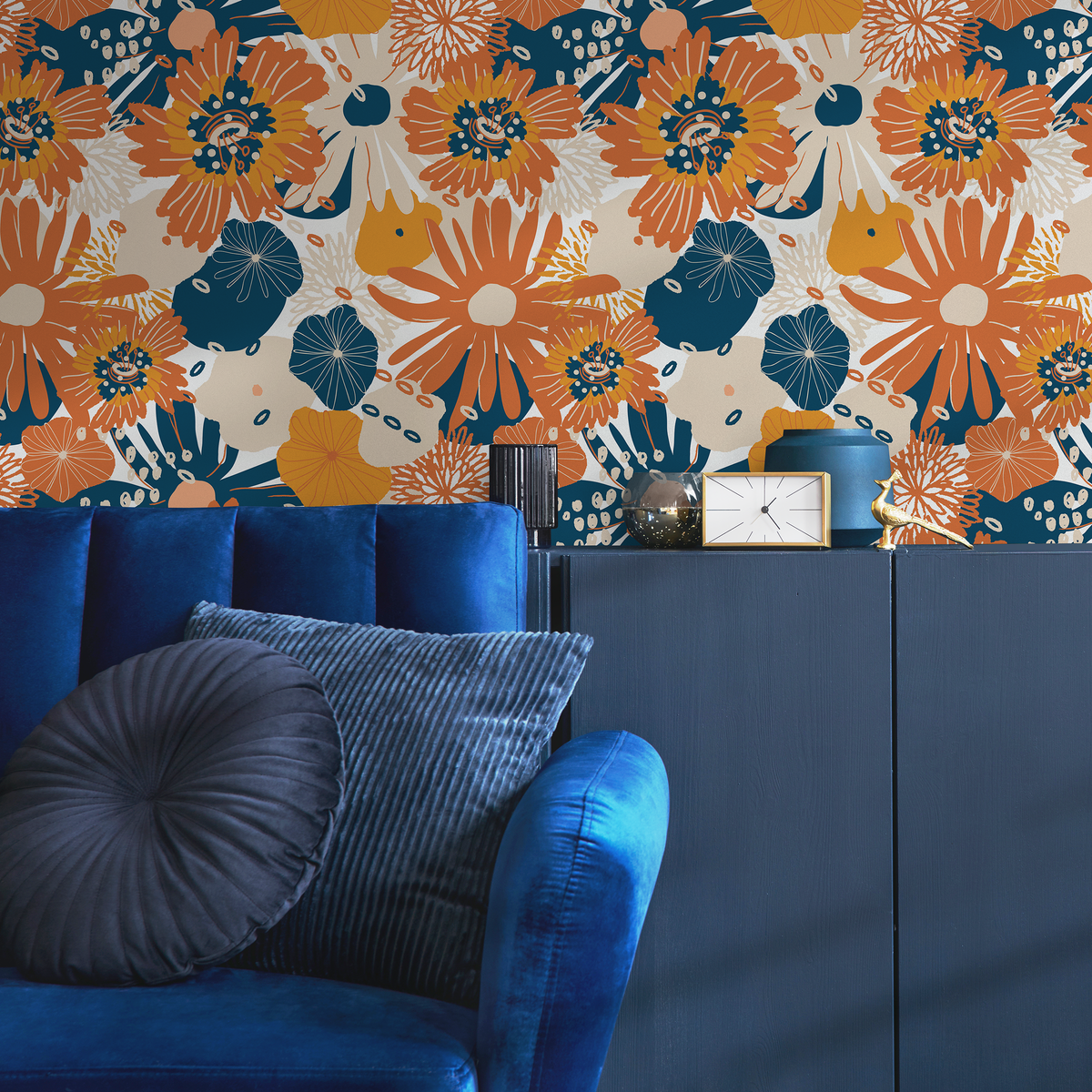 Retro Floral Wallpaper with Stylized Blooms in Orange, Blue, and Yellow - detail view