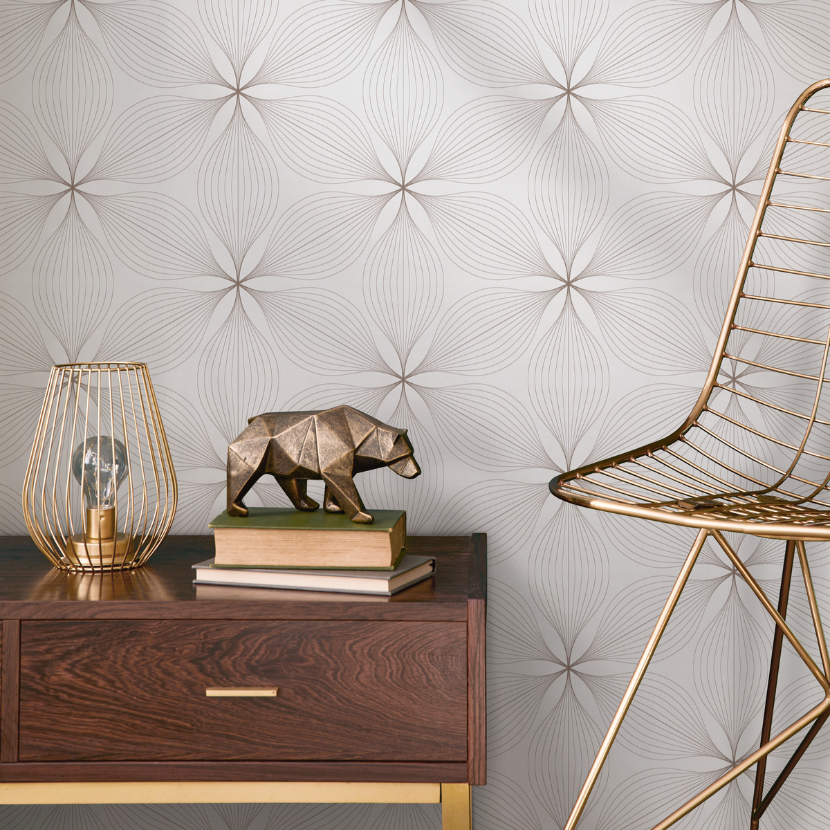 Geometric Wallpaper with a Delicate Line Art Flower Motif in Taupe - detail view