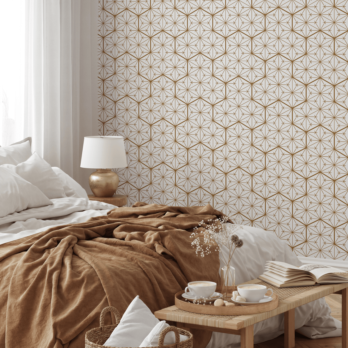 Geometric Wallpaper with an Intersecting Lines Motif in Brown - detail view