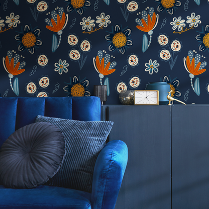 Wall Decor Wallpaper Peel and Stick Wallpaper Removable Wallpaper Home Decor Wall Art Room Decor / Navy and Orange Floral Wallpaper - B840