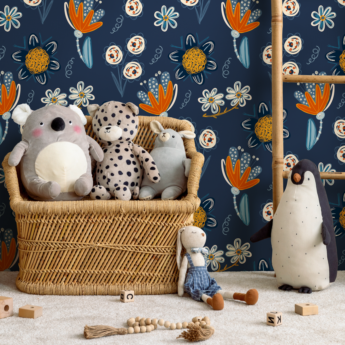 Floral Wallpaper Featuring Whimsical Blooms in Navy Blue and Orange - detail view