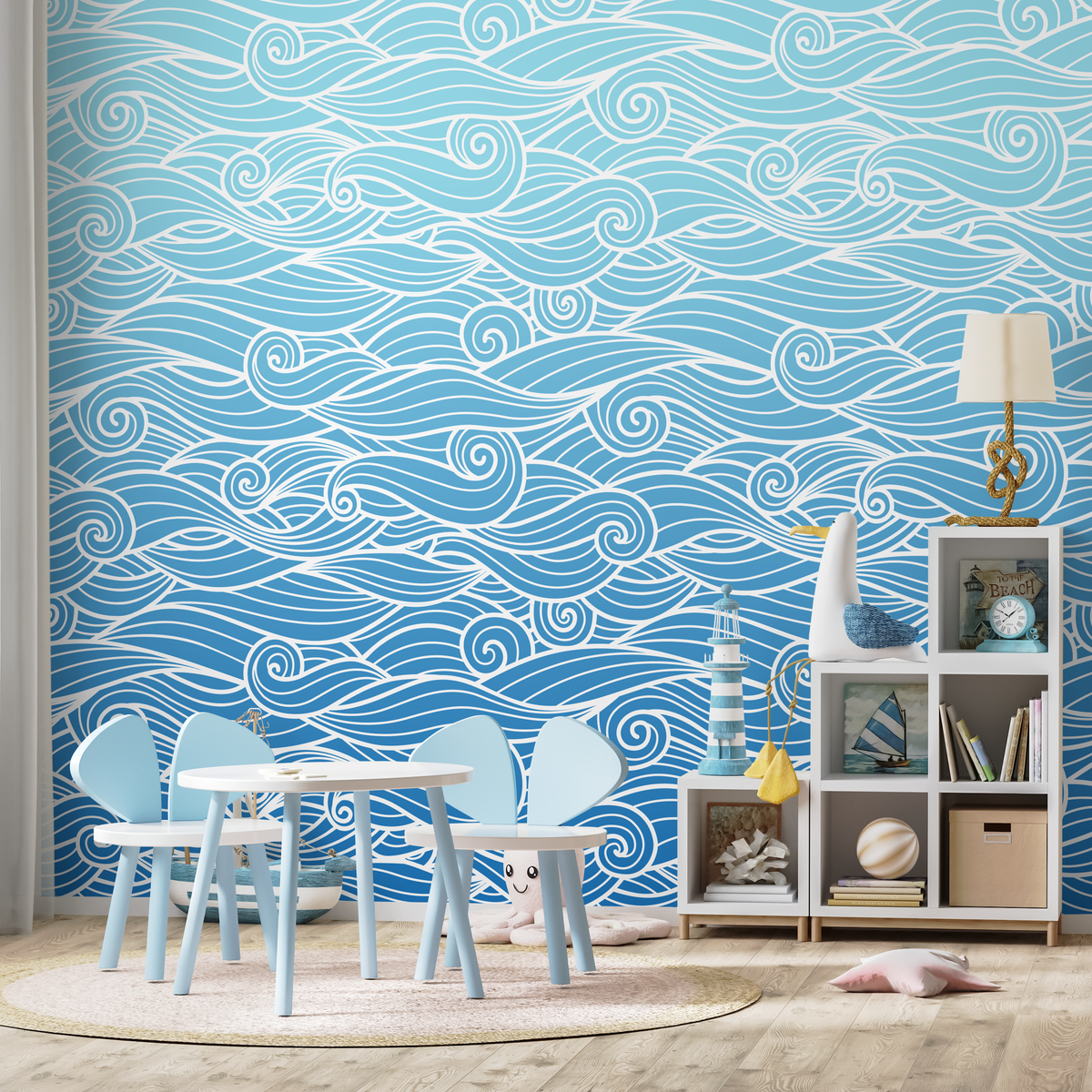 Coastal Wallpaper with Stylized Ocean Waves in Blue and White - detail view