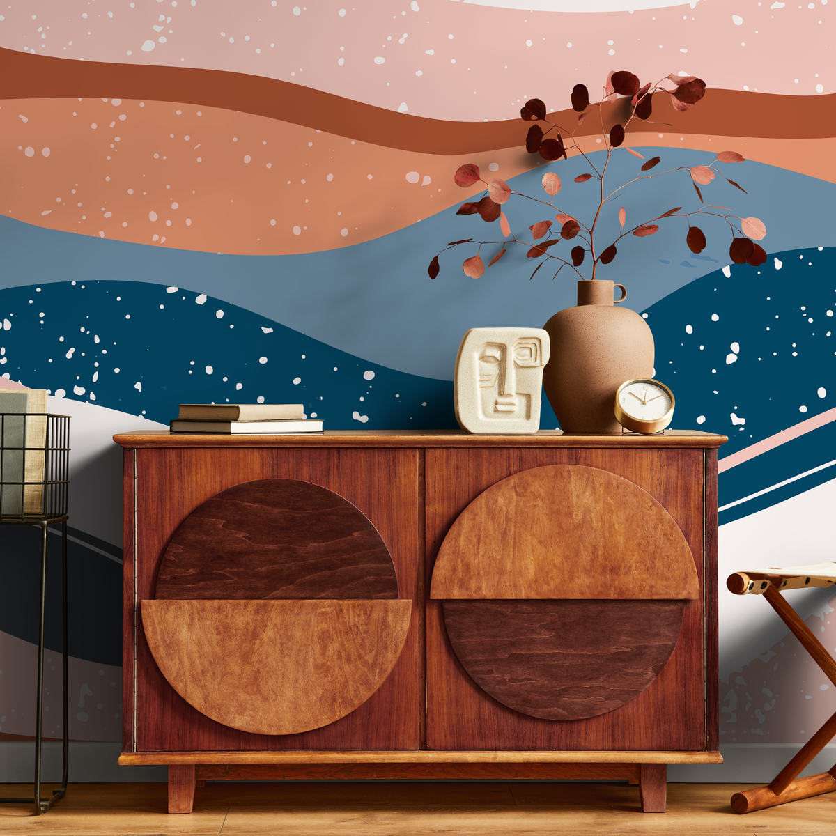 Abstract Wallpaper with Layered Wavy Shapes in Blue, Terracotta, and Pink - detail view