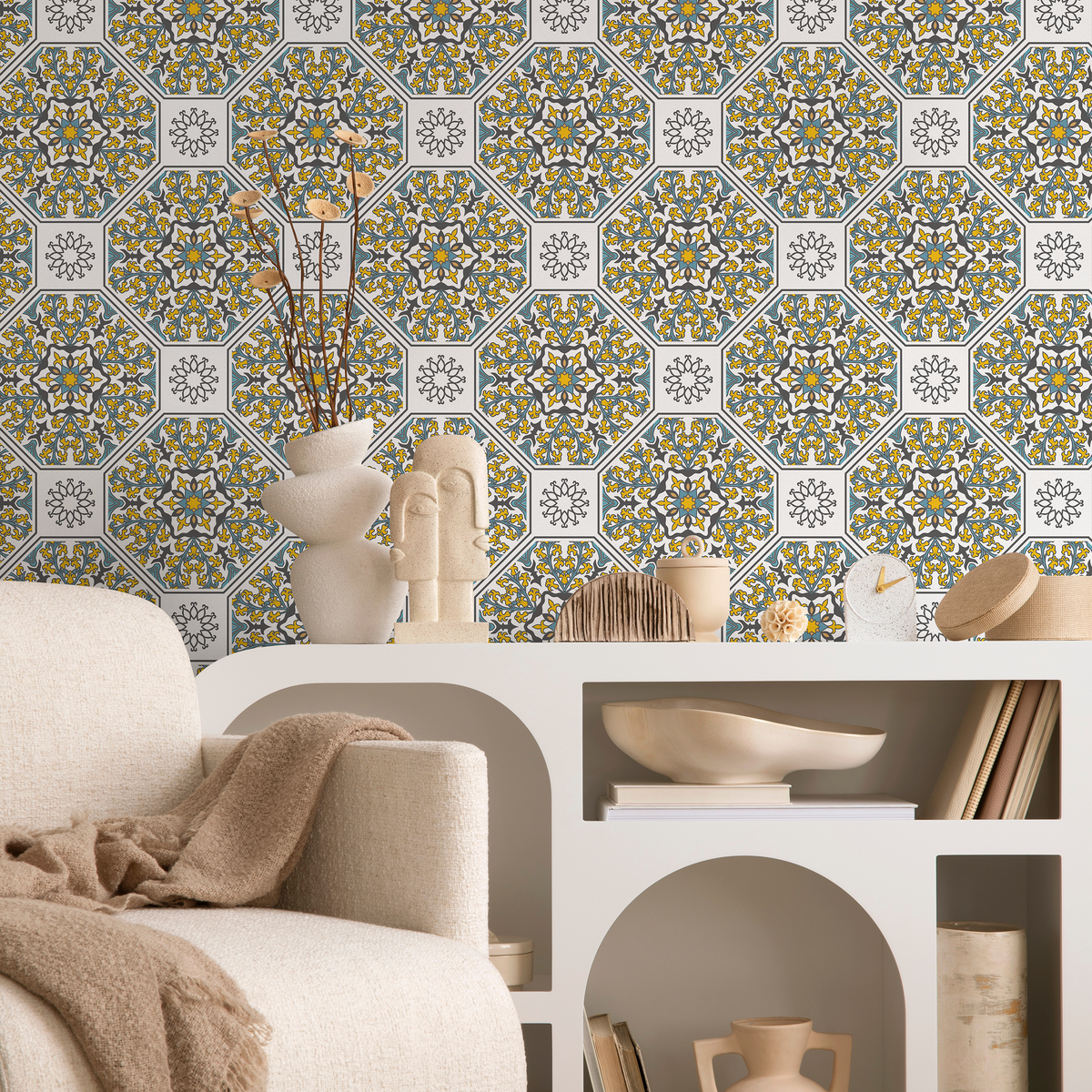 Geometric Wallpaper with a Mediterranean Tile Motif in Yellow, Teal, and White - detail view