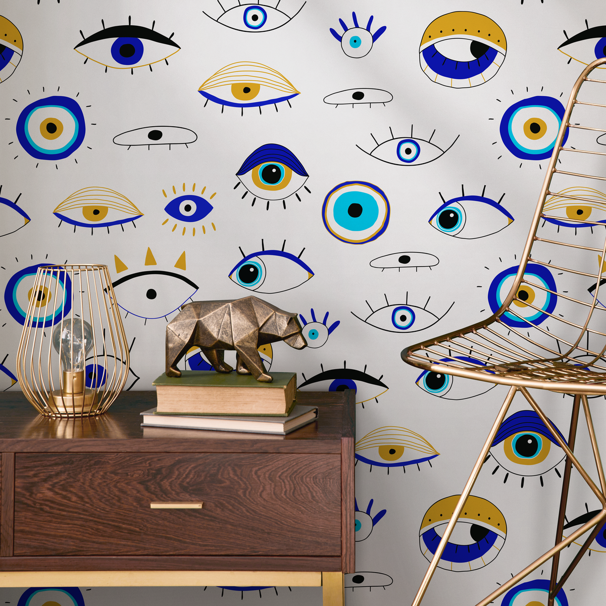 Eclectic Wallpaper with a Protective Evil Eye Motif in Blue, Gold, and Black - detail view