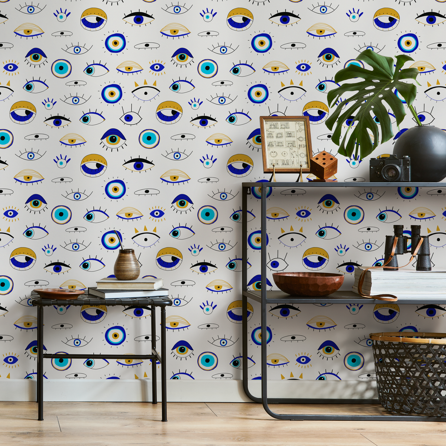 Eclectic Wallpaper with a Protective Evil Eye Motif in Blue, Gold, and Black - B845