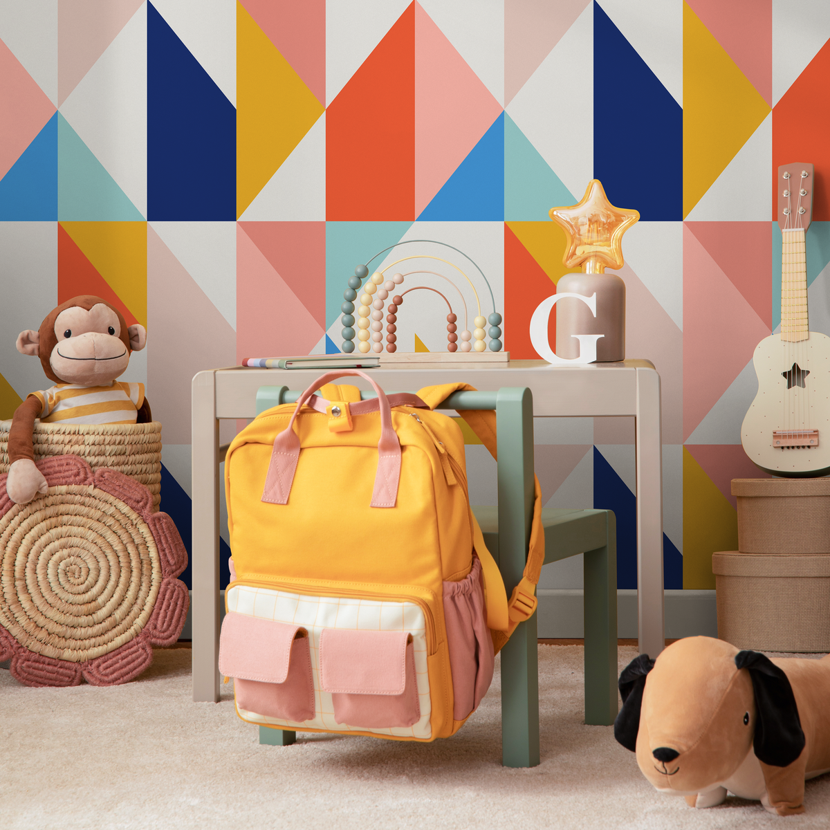 Geometric Wallpaper with a Modern Triangle Motif in Blue, Pink, Orange, and Yellow - detail view