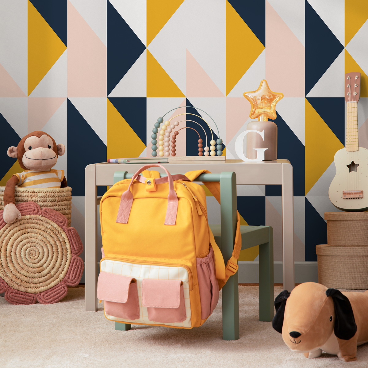 Geometric Wallpaper with a Triangle Grid in Navy, Yellow, and Pink - detail view