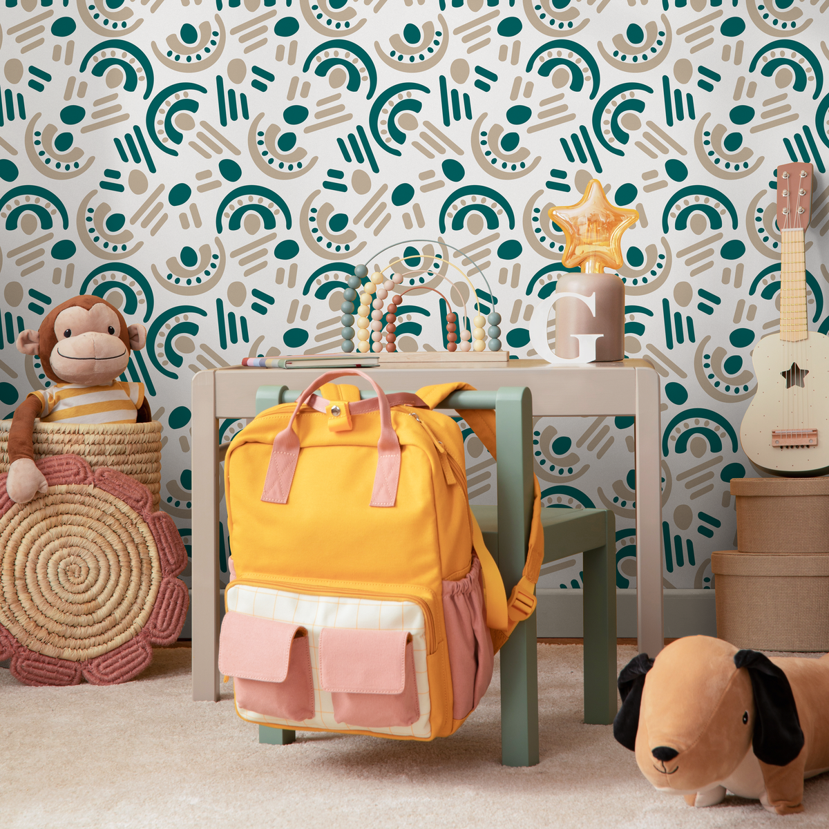 Abstract Wallpaper with Tribal Art Motifs in Teal and Beige - detail view
