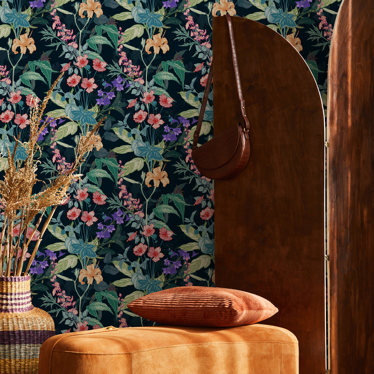 Botanical Wallpaper with a Vintage Floral Motif in Orange, Red, and Purple - detail view