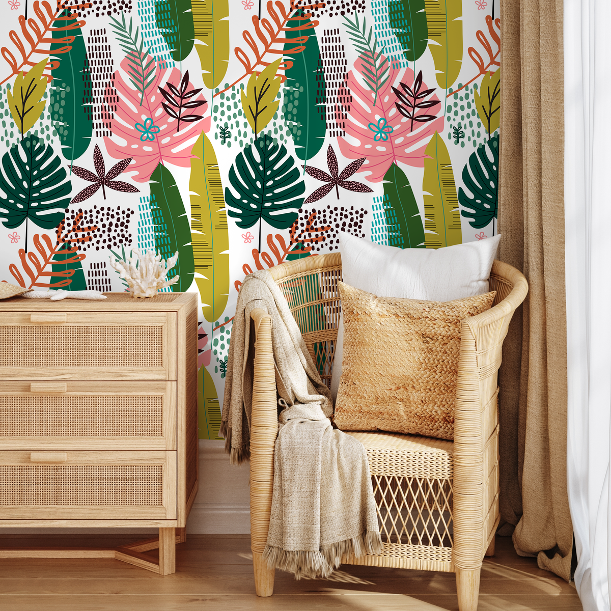 Tropical Wallpaper with Leaves in Green, Pink, and Teal - detail view
