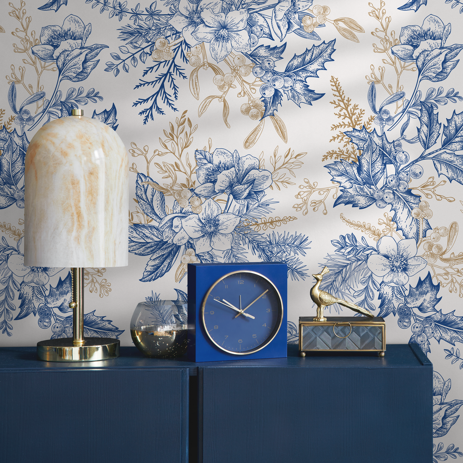 Botanical Wallpaper with Vintage Floral Bouquets in Blue and Gold - B852